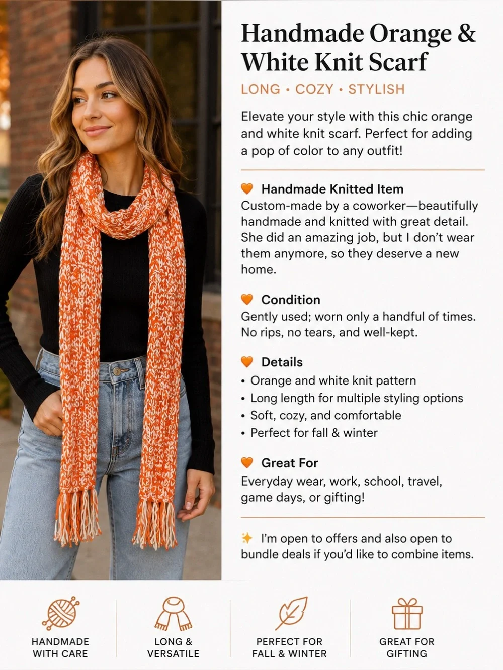 Handmade Orange & White Knit Scarf | Long Cozy Winter Scarf